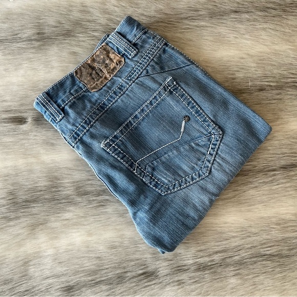 M. GORDON Jeans W34xL30 Distressed Holes Light Wash Stretch White Stitching - Picture 8 of 14